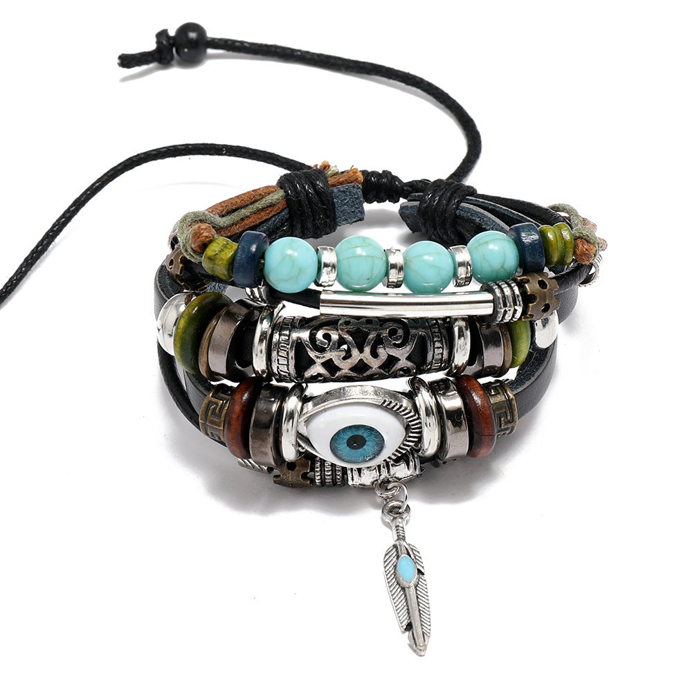 Wholesale Woven Leather Beaded Bracelet With Alloy Feather Pendant Unisex Party Fashion Jewelry Accessory For Gift Giving