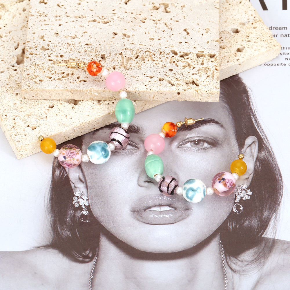 Wholesale Bohemian Beaded Candy Colored Glass Bead C-shaped Earrings