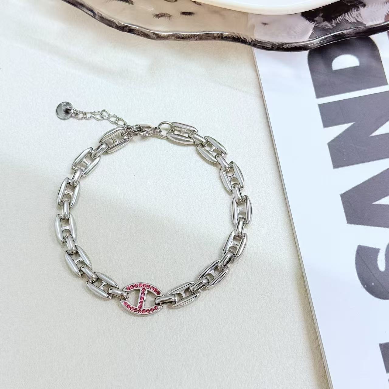 Wholesale Titanium Steel Diamond Encrusted Bracelet with Diamond Studded Tail Chain