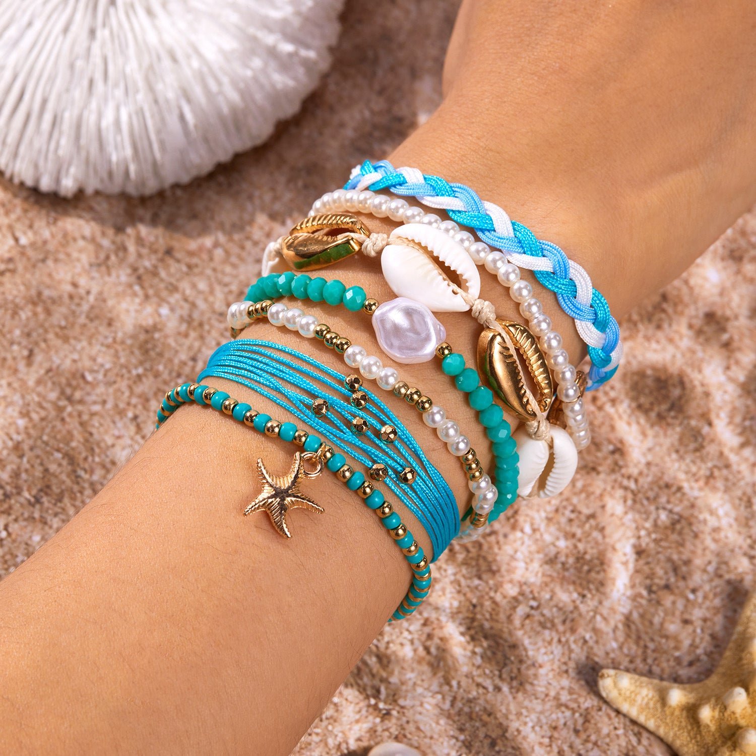 Wholesale Bohemian  Starfish Blue Bead Bracelet suit