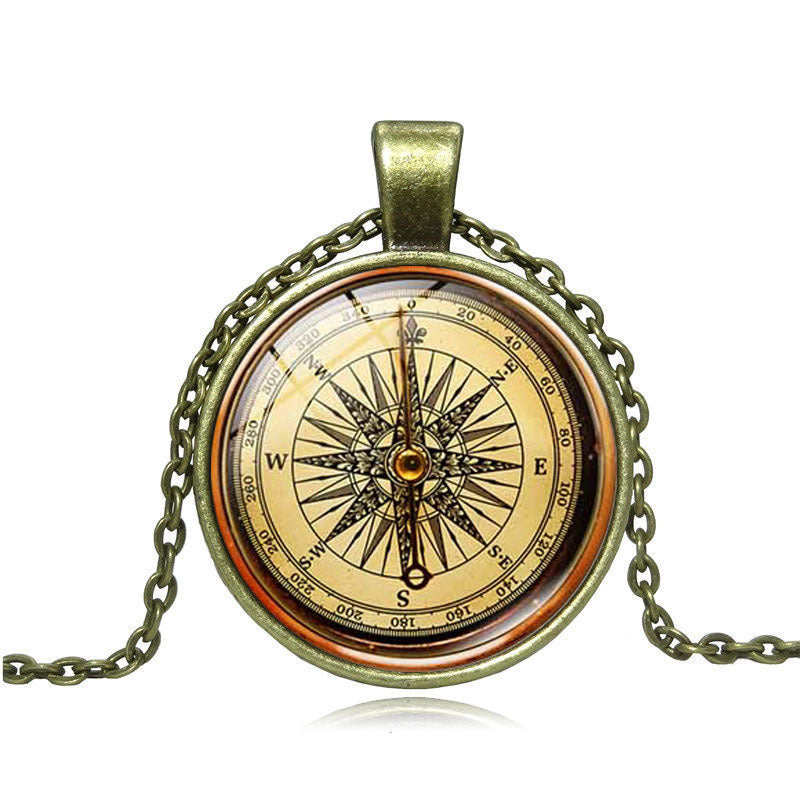 Wholesale Vintage Compass Time Gem Glass Alloy Necklace