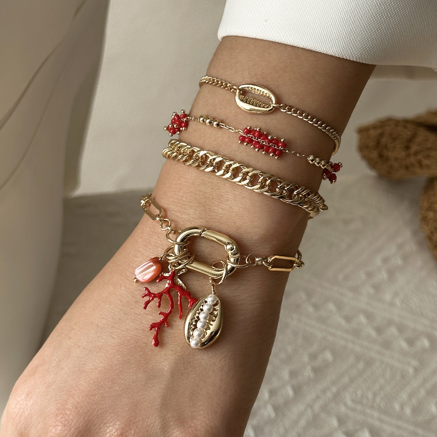 Wholesale Bohemian Beach Style Starfish Coral Geometric Pendant Bracelet Set Alloy Electroplated Jewelry For Women Travel Souvenir Gift