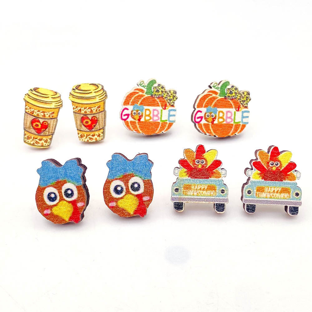 Wholesale Thanksgiving Day Pumpkin Coffee Mug Wood Earrings ACC-ES-PuCi003