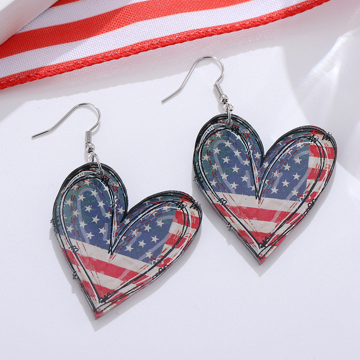 Wholesale Independence Day Red White Blue Stripes Stars American Flag Heart Earrings