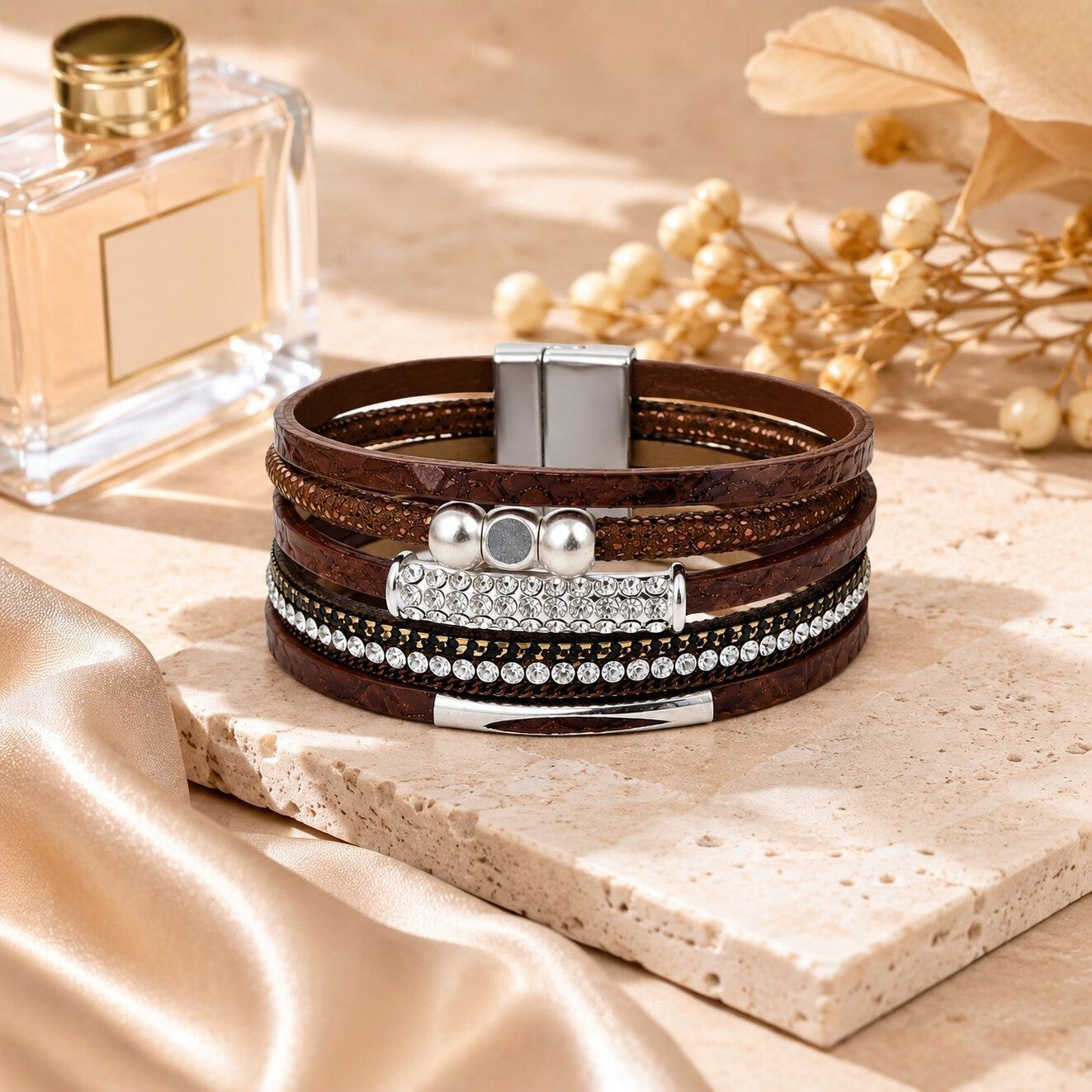 Wholesale Bohemian Multi Layer PU Leather Bracelet Women S Magnetic Clasp Rhinestone Retro Jewelry Accessory