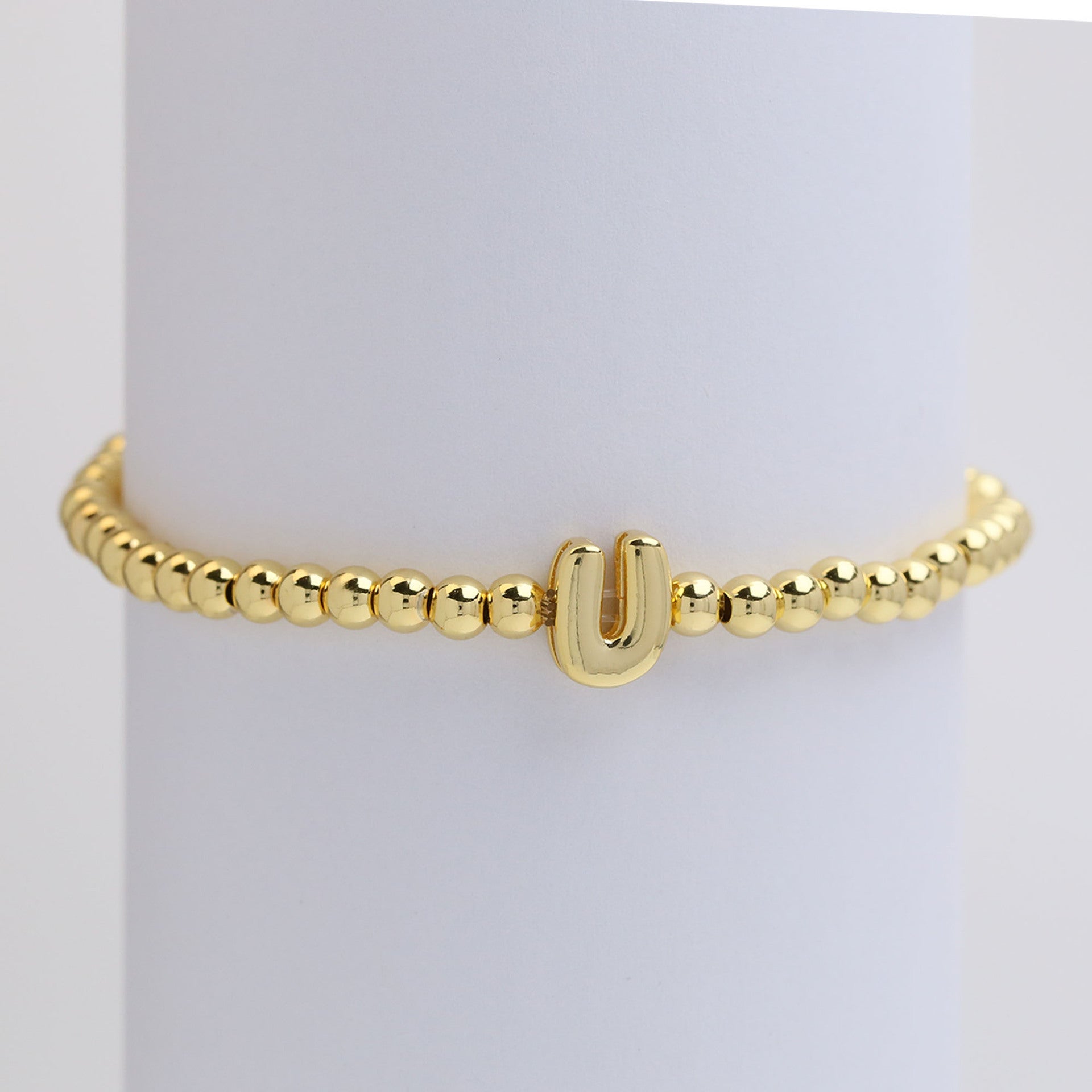 Wholesale 18k Glossy Balloon 26 Letter Copper Beads Elastic Line Beaded Bracelet ACC-BT-BaiYi002