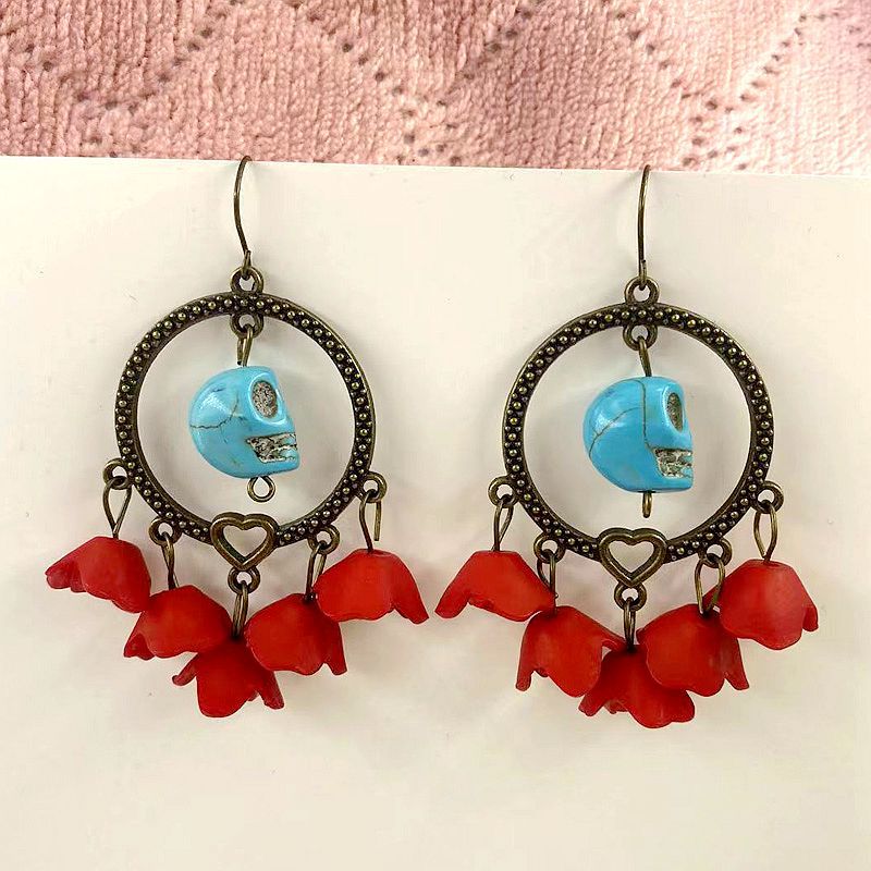 Wholesale  Hollow Metal Circle Peach Heart Blue Turquoise Skull Red Rose Flower Earrings