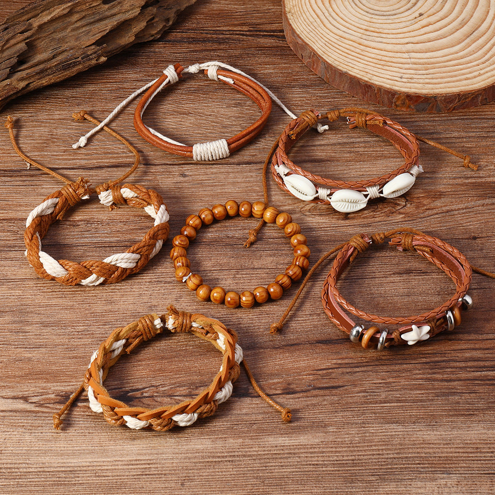 Wholesale Retro Star Design 6 Piece Multi Layer Leather Bracelet Set With Wood Beads Stylish Unisex Gift