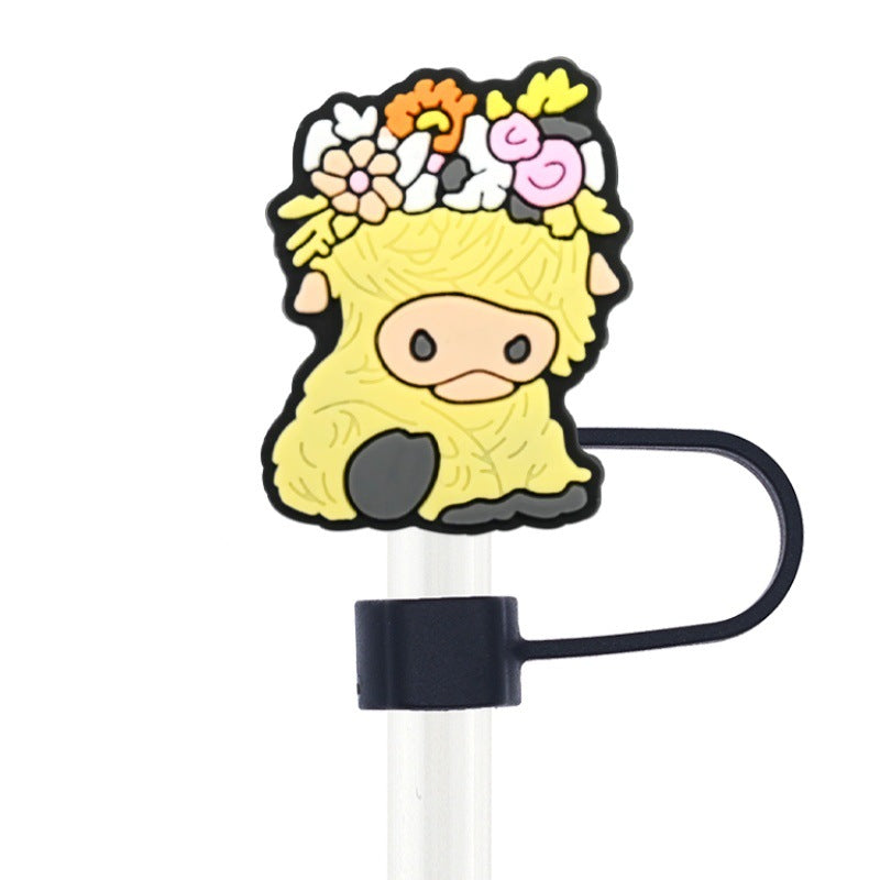 Wholesale  Random 100pcs Highland Cow Series 10mm PVC Soft Straw Tube Cap