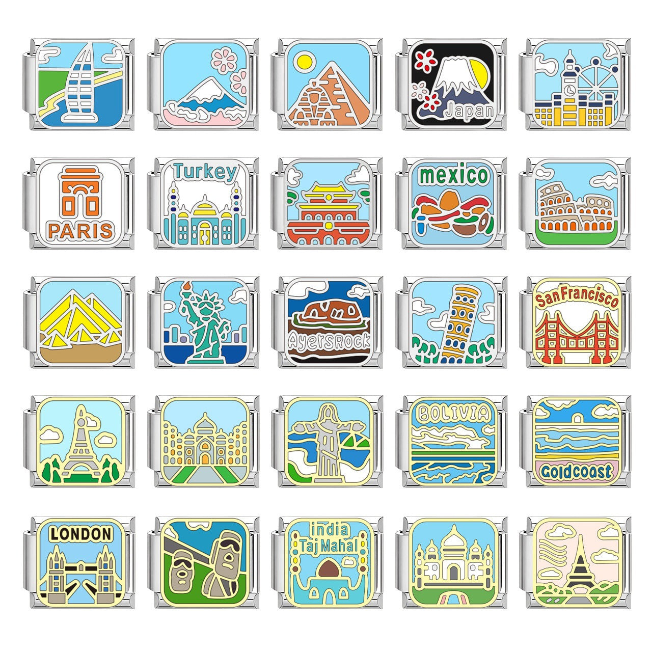 Wholesale Creative DIY Italian-style modular bracelet charm featuring travel landmark designs in stainless steel