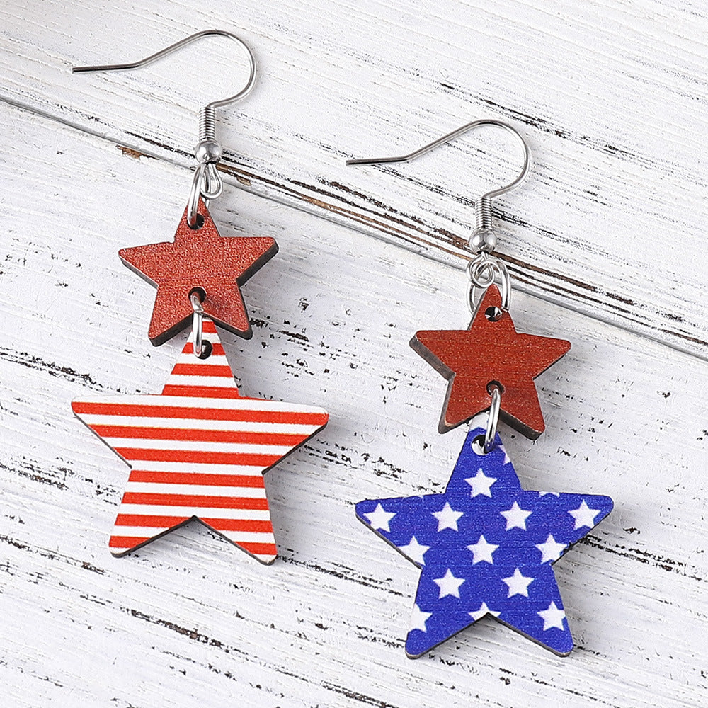 Wholesale American Independence Day Star Slippers Lightning Sunflower Hat Wooden Double Sided Earrings ACC-ES-ChuLian012
