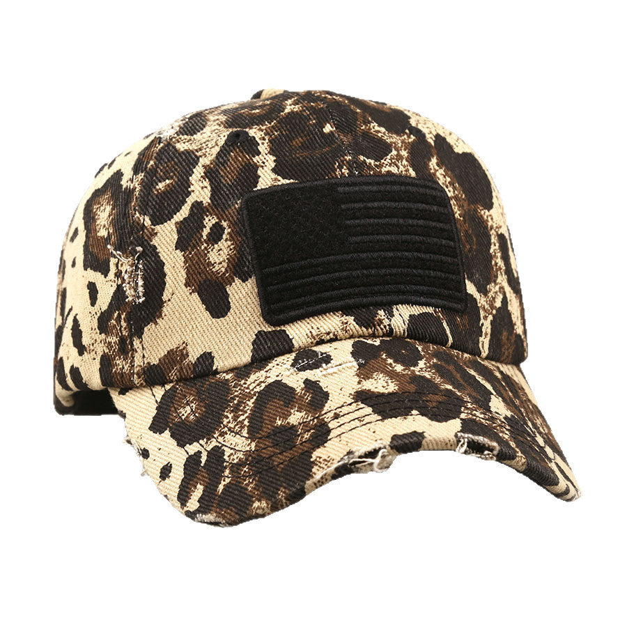Wholesale Vintage Leopard Print Denim Baseball Cap with Flag Patch,  Retro Fashion Accessory,  Everyday Casual Gift