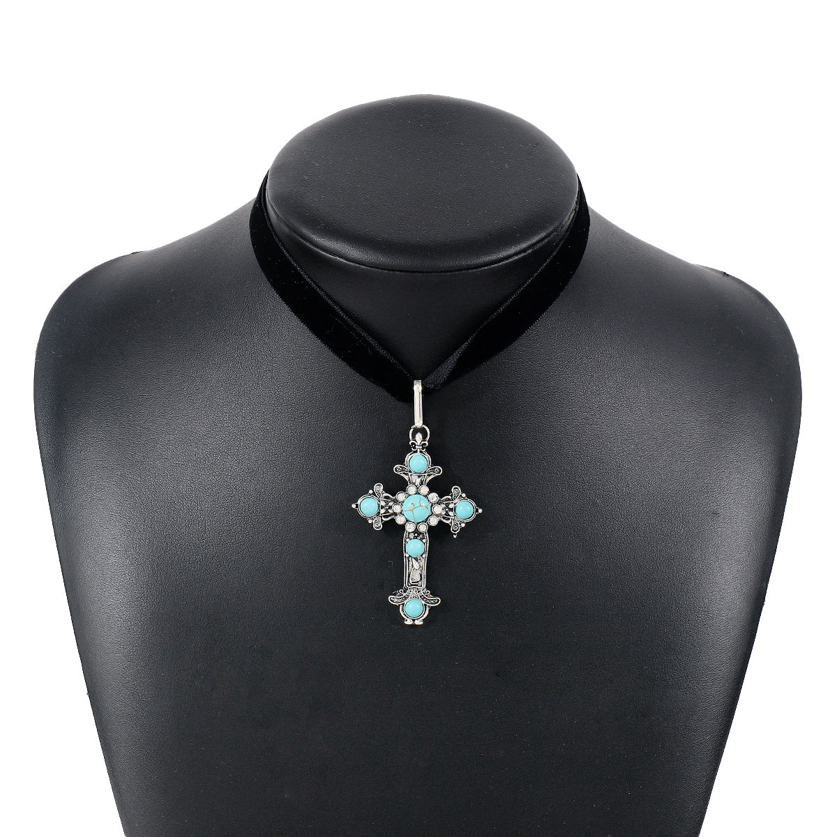Wholesale Ancient Silver Cross Pendant Necklace Niche Retro Diablo Punk Turquoise Necklace