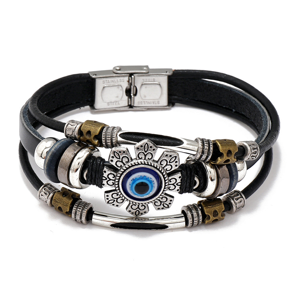 Wholesale Stylish Men S Evil Eye Leather Bracelet Titanium Steel Buckle Fashion Jewelry Accessory