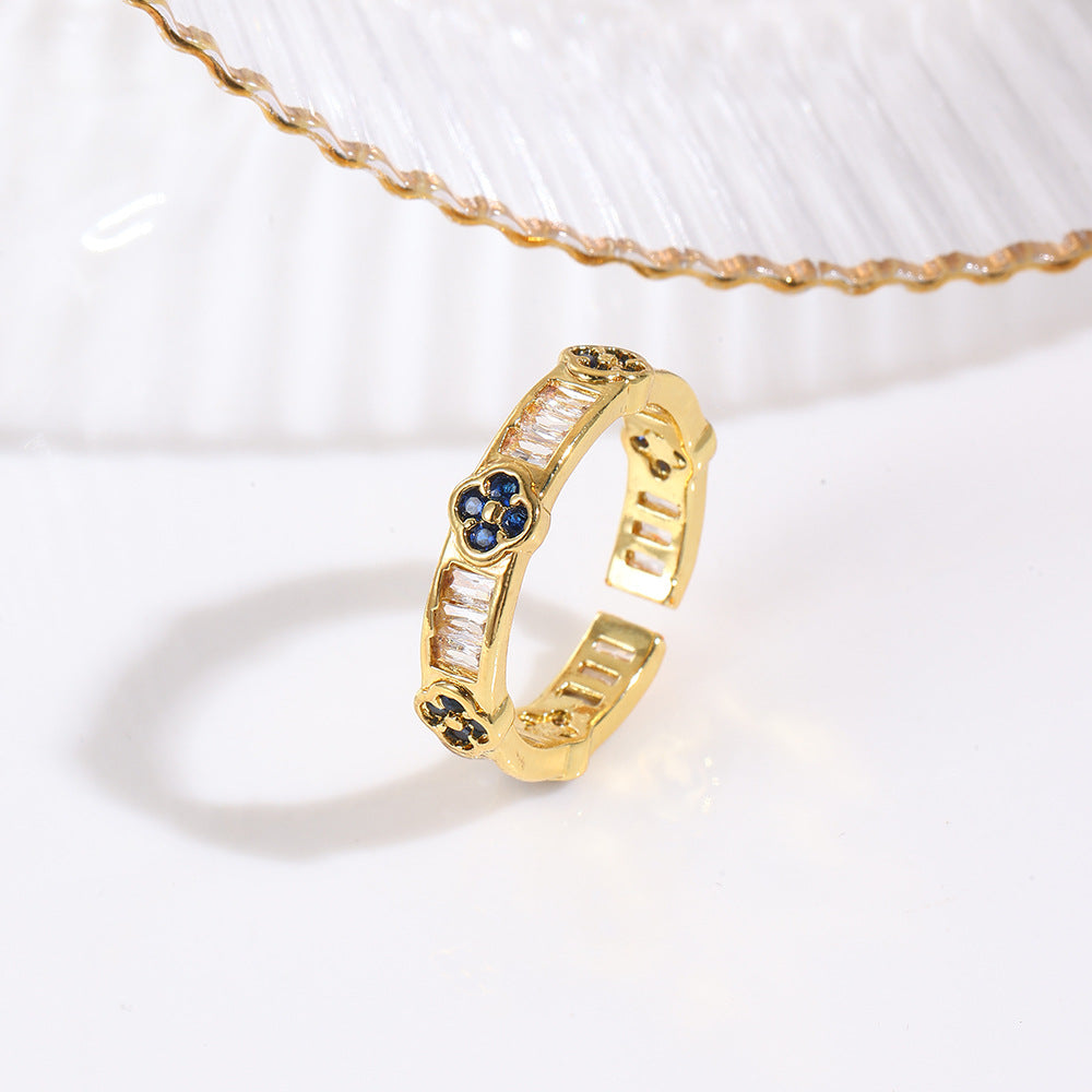 Wholesale Colorful zirconium four-leaf clover flower petal ring