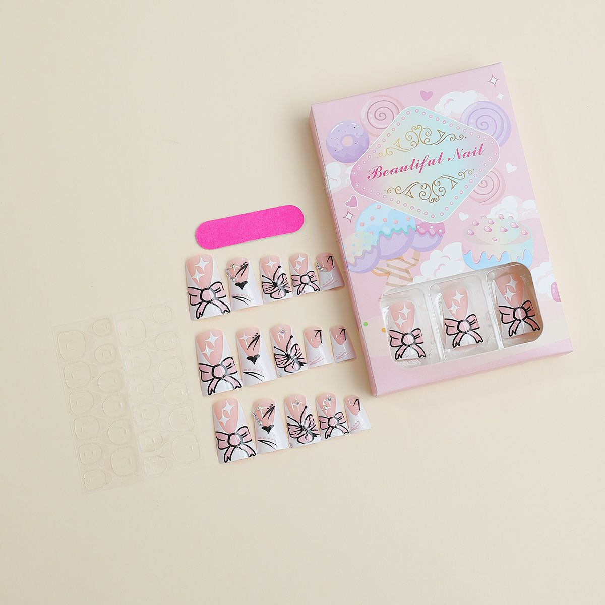 Wholesale Plastic Bow Press on Nails Kits Extended 24 Pieces/box ACC-NS-HaoYi006