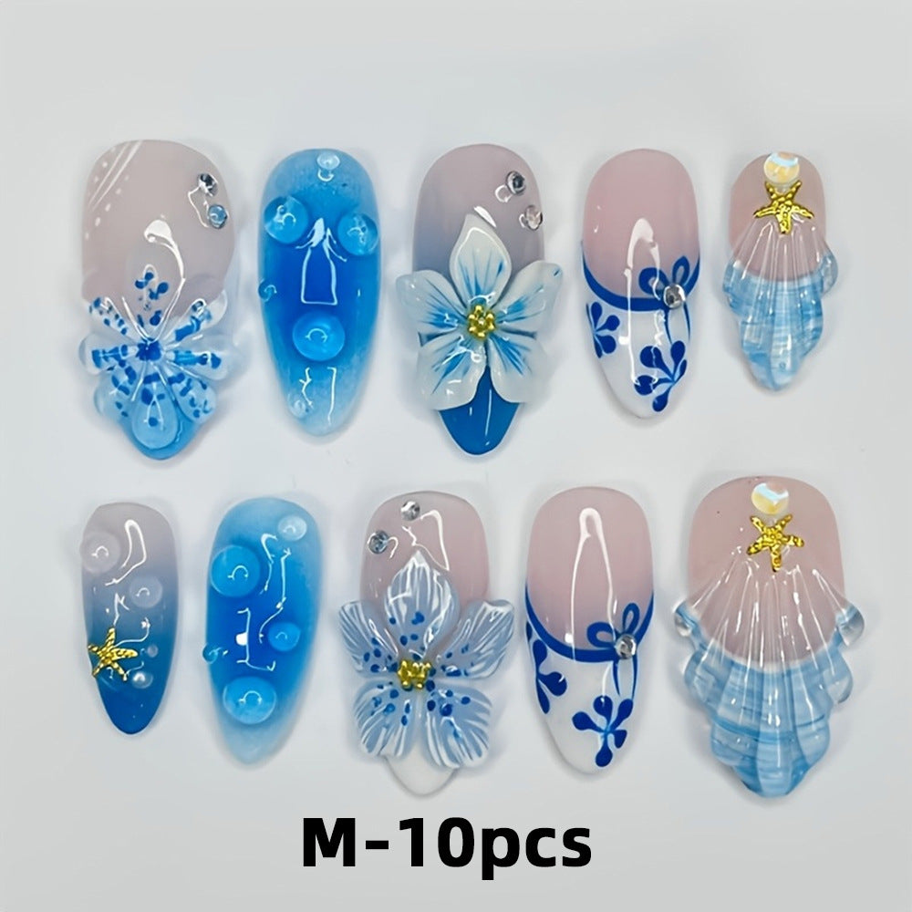 Wholesale 30Pcs Sweet Mermaid Beach Press On Nails With 3D Pearls Starfish Shells Almond Shaped DIY Manicure Set For Women
