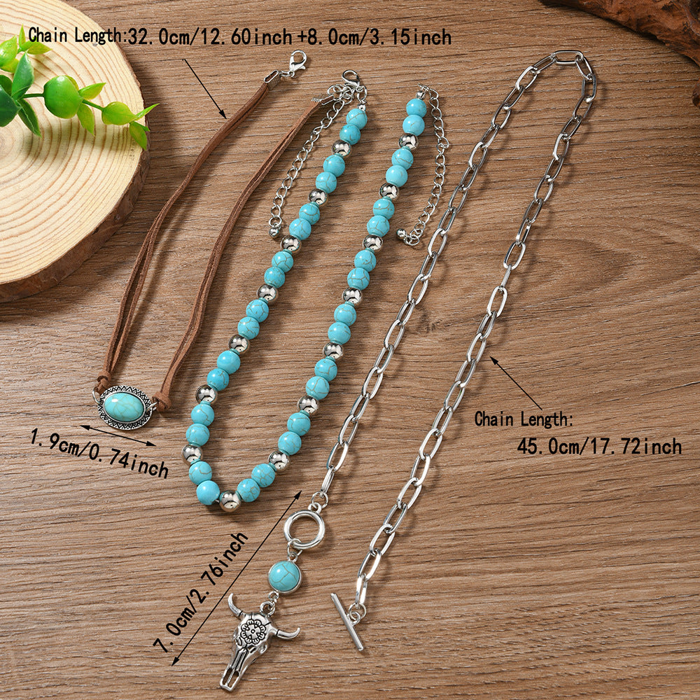 Wholesale Blue Turquoise Geometric 3-Piece Necklace Set Chain Pendant Boutique Resale