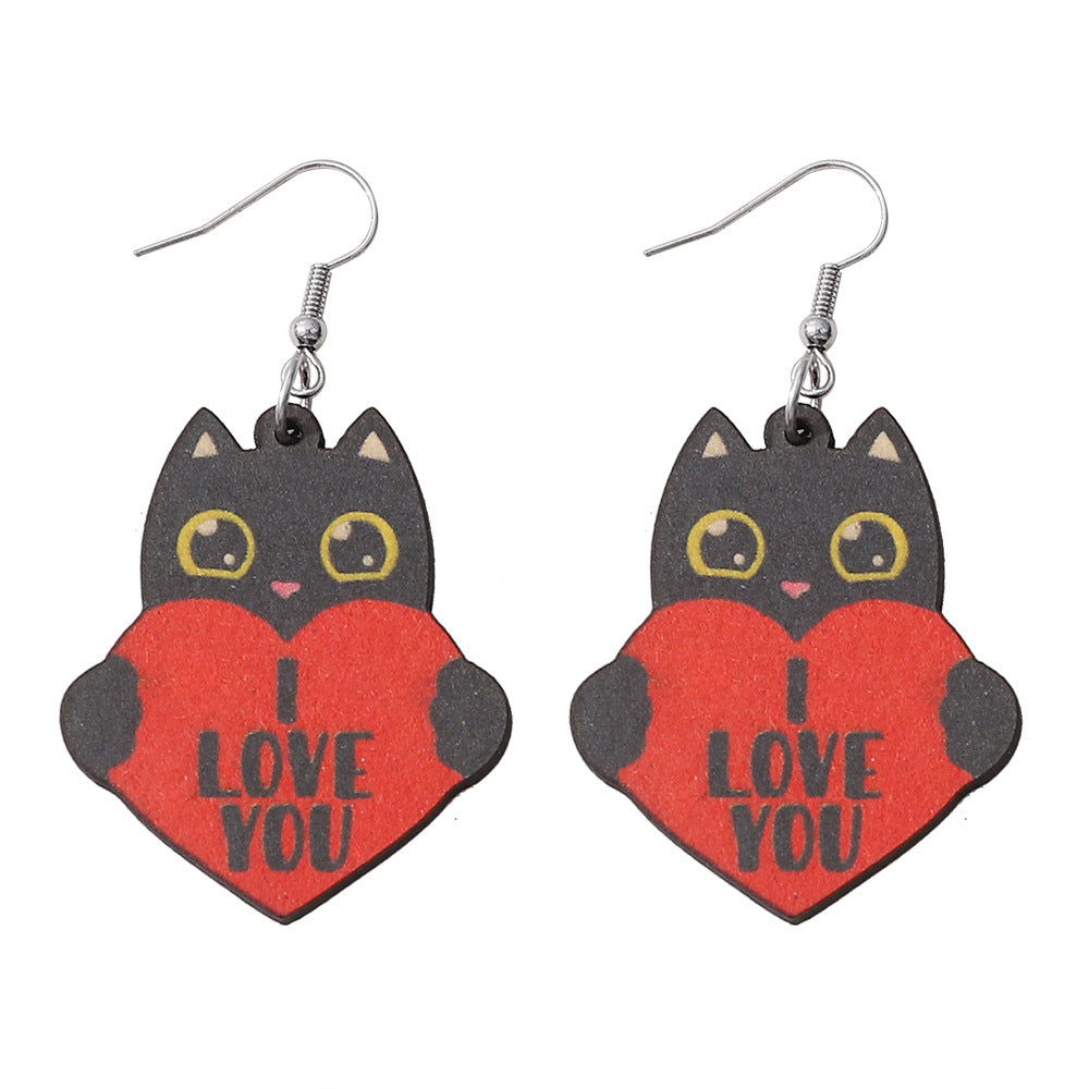 Wholesale cat red love letter  double-sided wooden Valentine's Day  earrings