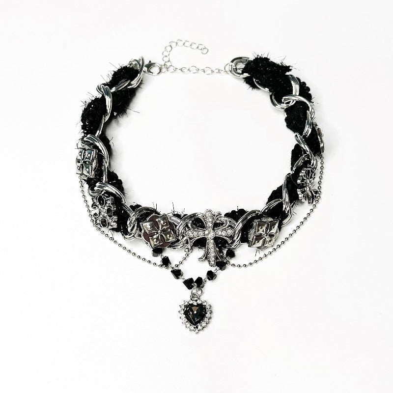 Wholesale Retro Plush Wool Stitching Cross Love Necklace