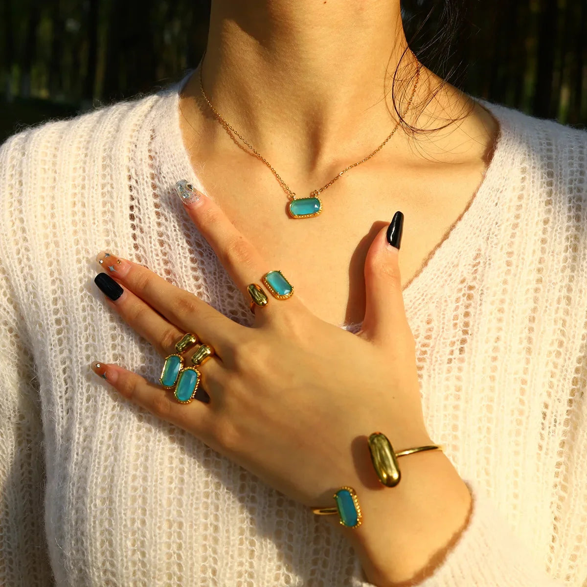 Wholesale Titanium Steel Colorful Zircon suit Light Luxury All-match Open Bracelet  Clavicle Chain