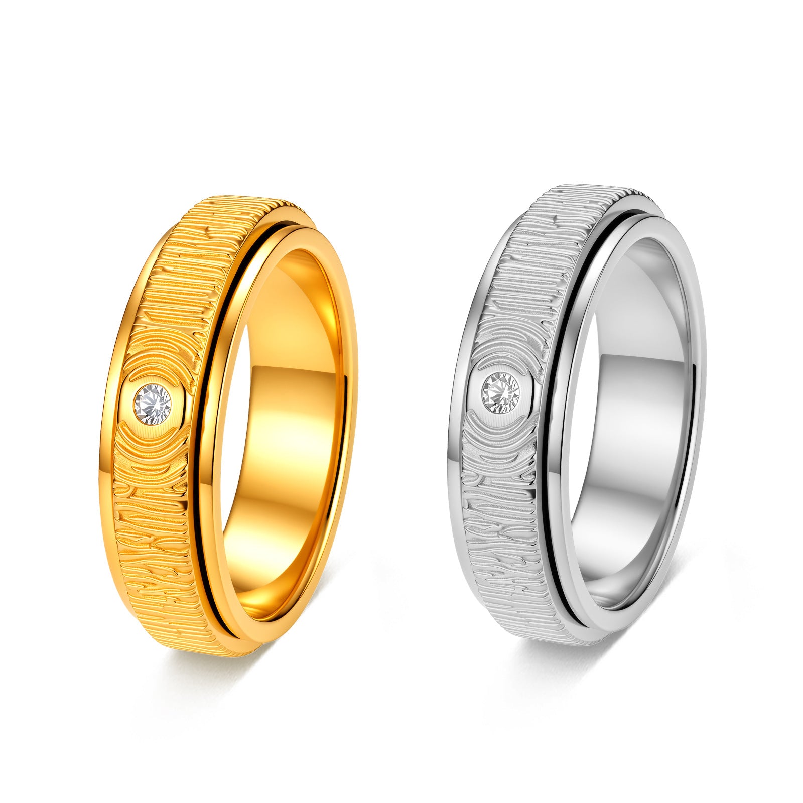 Wholesale Vintage Wood Grain Rotatable Ring Stainless Steel Gold Plating Fashion Jewelry Accessory