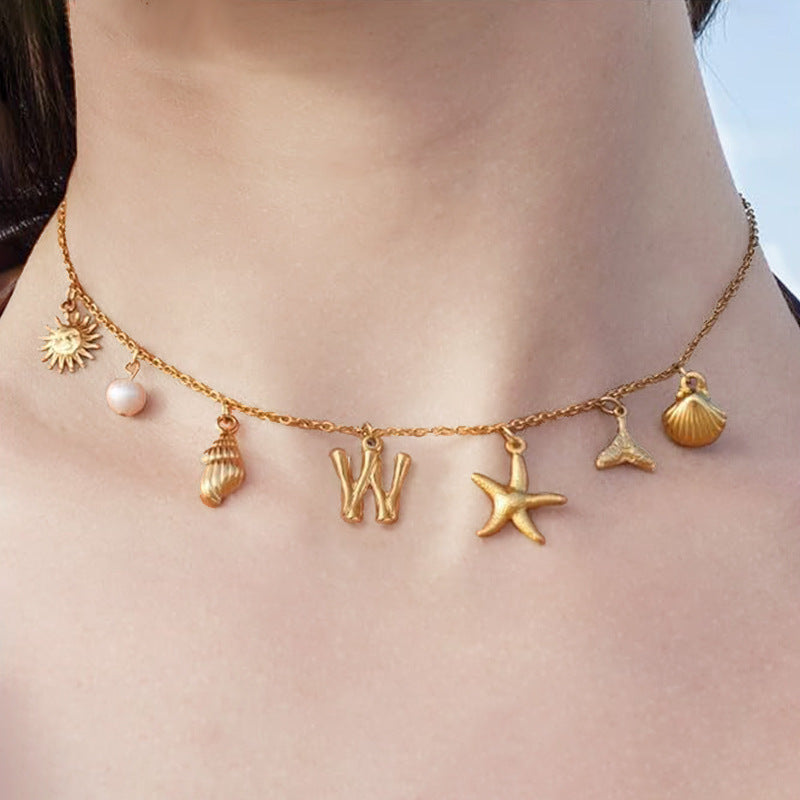 Wholesale Bohemian Shell Starfish Gold Electroplated Copper Alphabet Pendant Necklace for Women Fashion Accessory