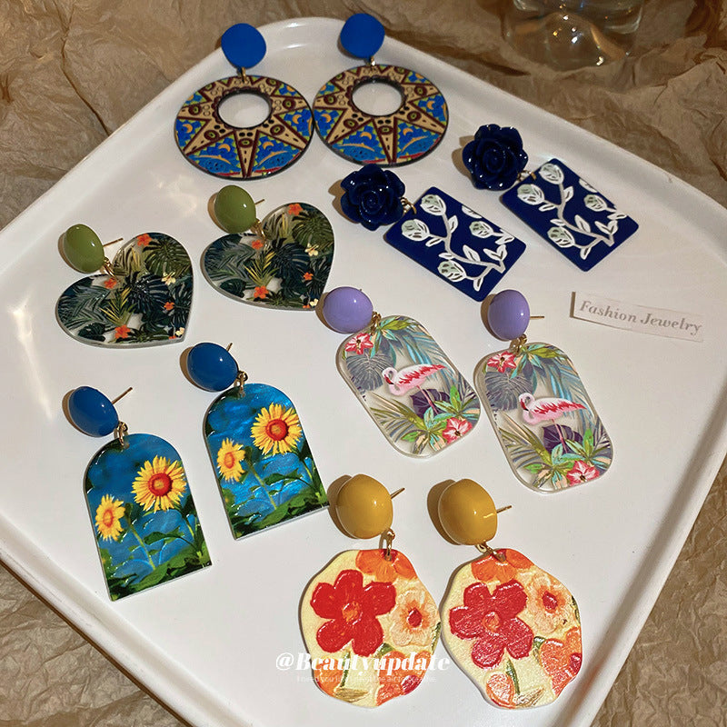 Wholesale Aesthetic French Style Oil Painting Sunflower Earrings