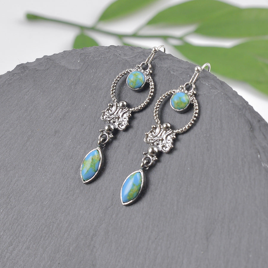 Wholesale European and American Fashion Retro Turquoise Geometric Pendant Earrings Women' s Exquisite and Elegant Versatile Elegant Ear Jewelry