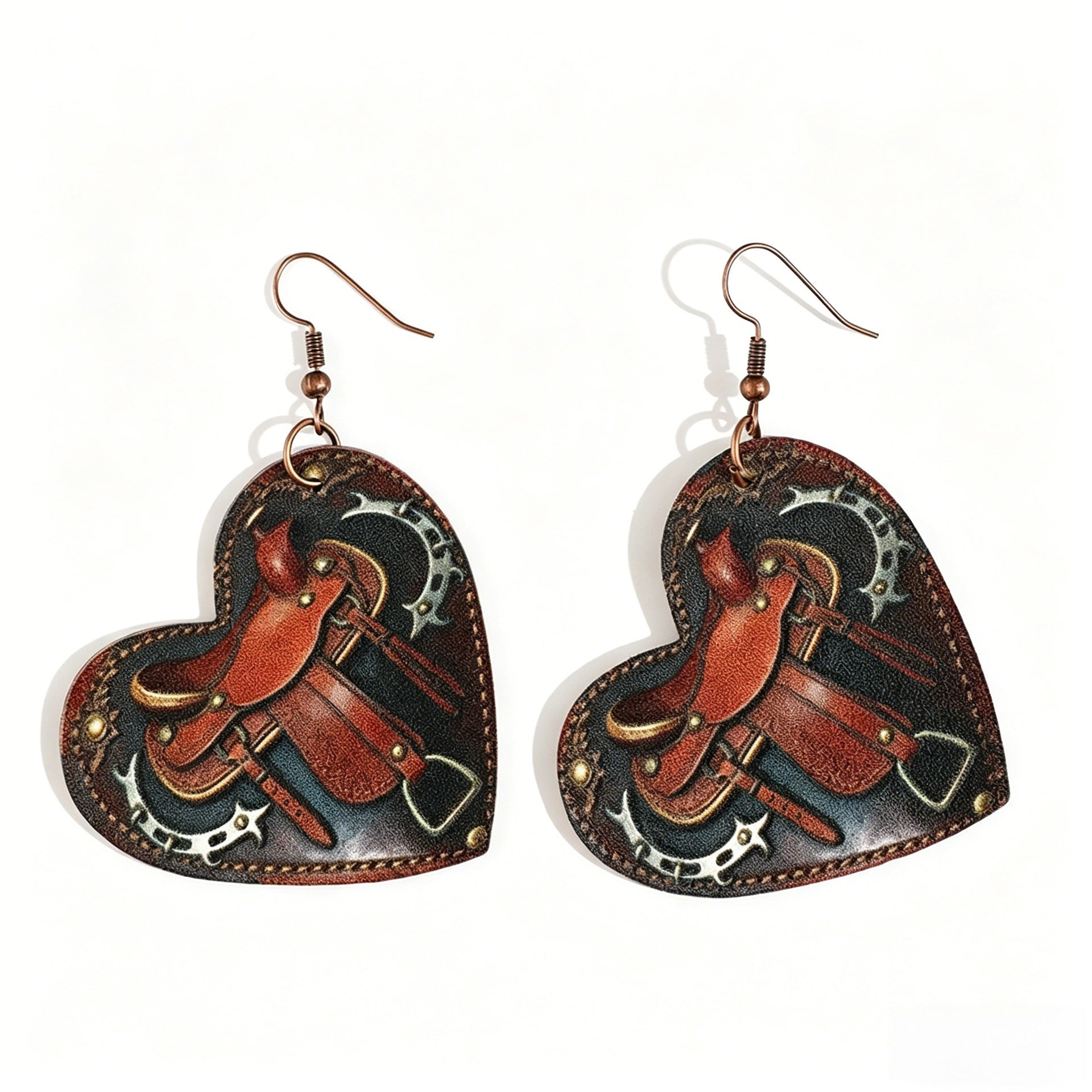 Wholesale Leather Retro Saddle Print Heart Earrings Western Style Fashion Accessory