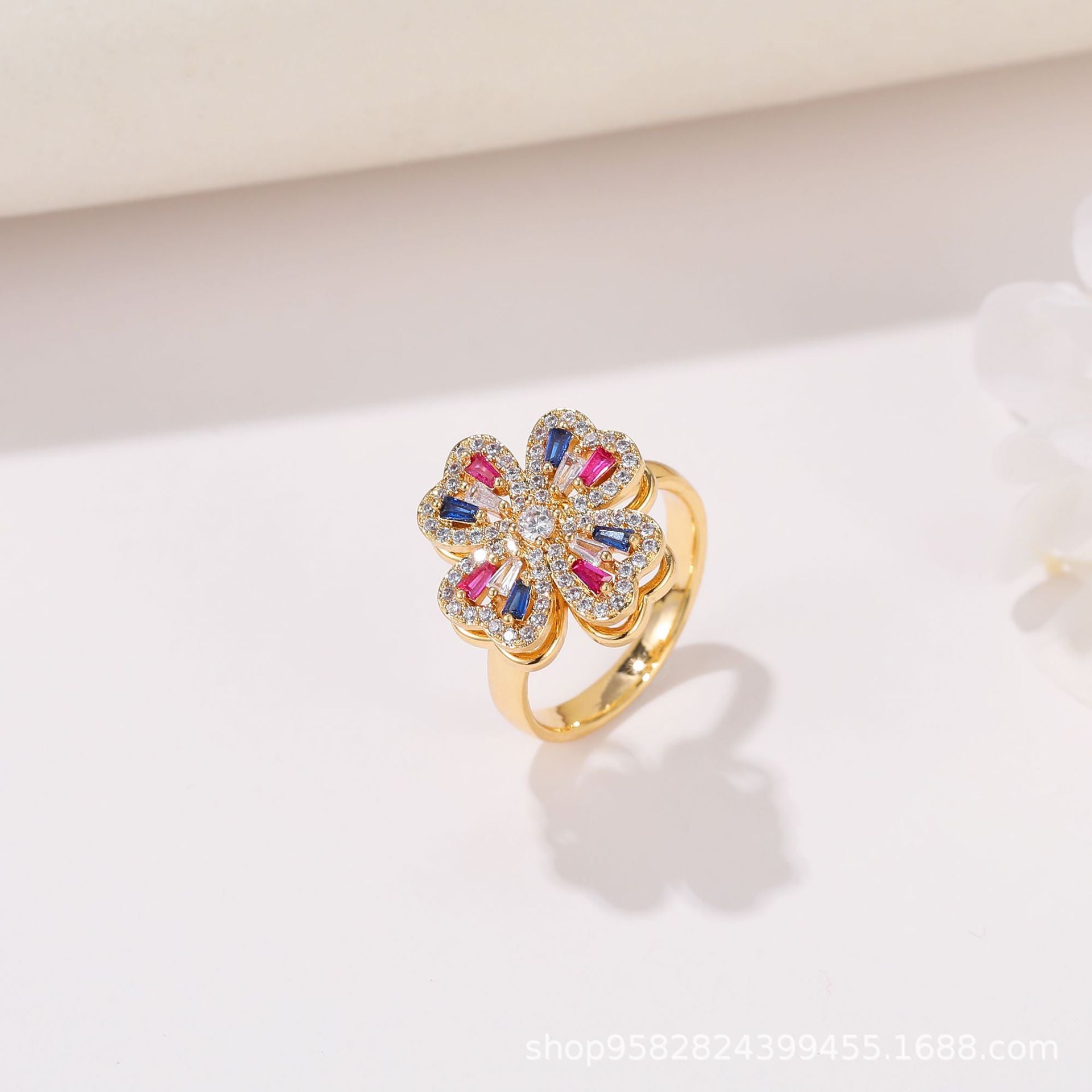 Wholesale 360° Rotating Double-Layer Flower Ring Gold Plated Zircon Fashion Accessory Boutique Gift