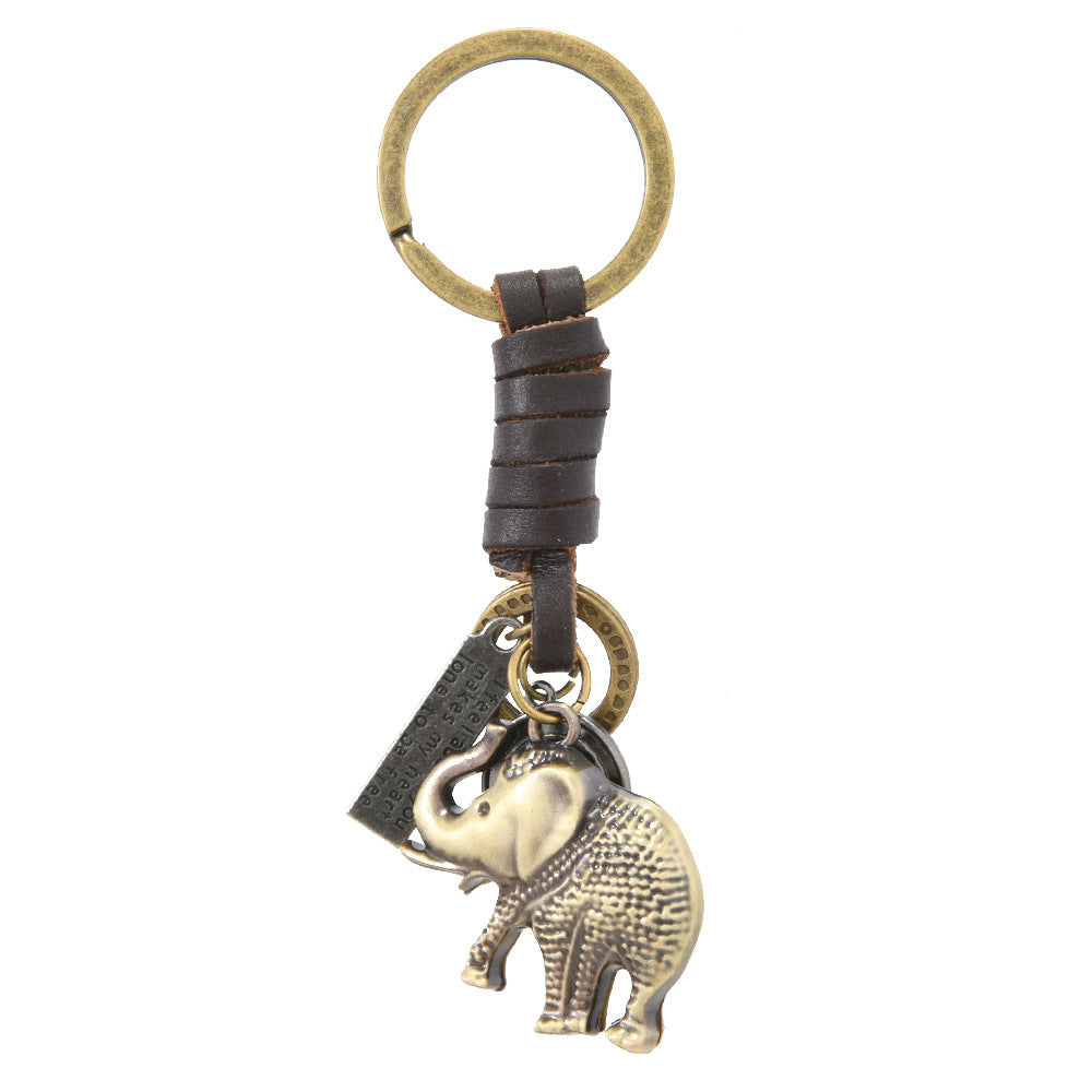 Wholesale  Alloy Bronze Elephant Retro Woven Cowhide Pendant Keychains