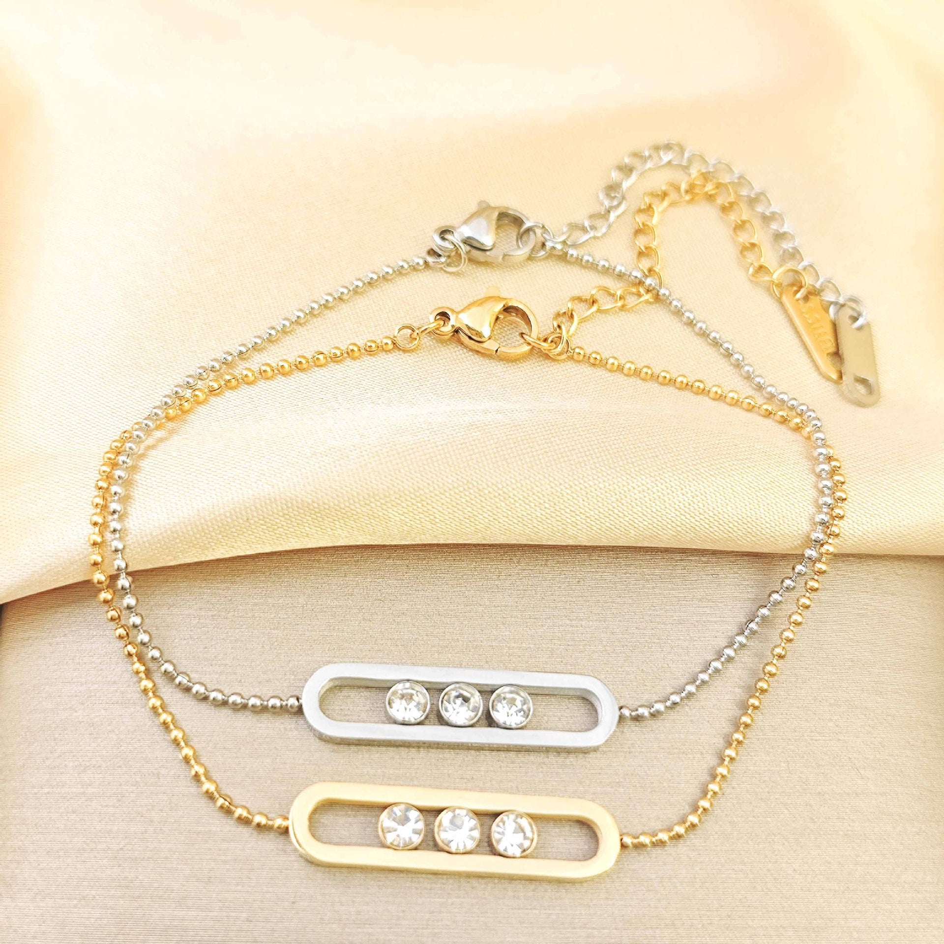 Wholesale European Style Paper Clip Double Bracelet Titanium Steel Flash Zircon Fashion Accessory