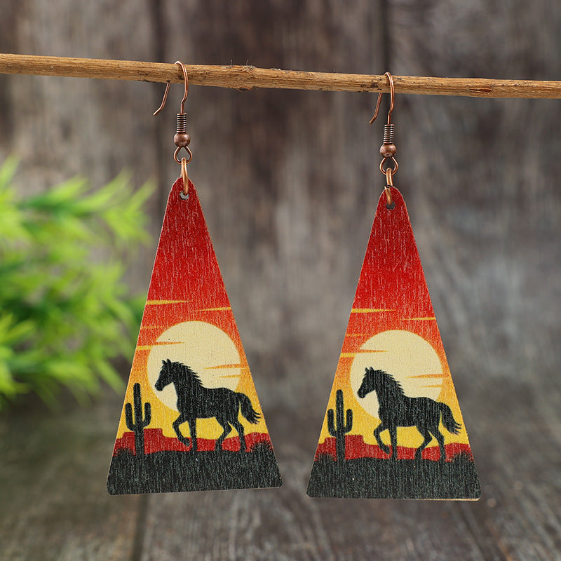 Wholesale Retro Western Style Triangular Wooden Earrings Desert Cactus Horse Sunset Print Boutique Resale