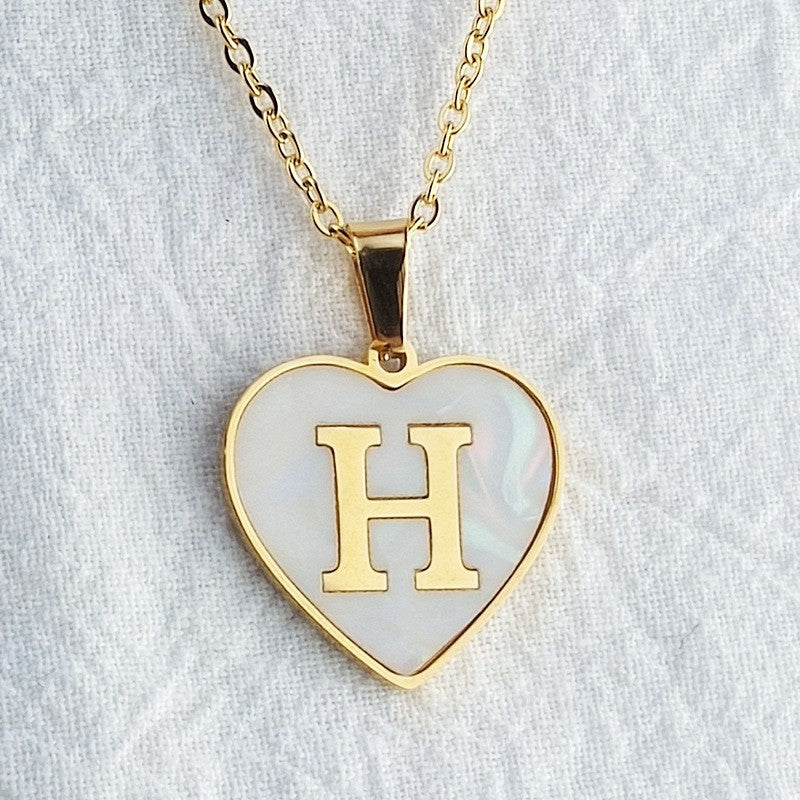 Wholesale 26 English Letters Heart Inlaid Shell Titanium Steel Necklace ACC-NE-DingChao002