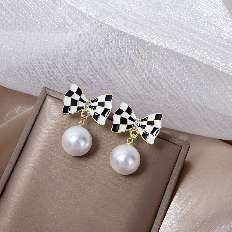 Wholesale Silver Needle Pearl  Rose Bow Front and Back Large Earrings