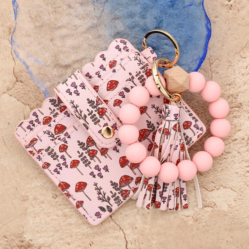 Wholesale  bead  ocean print mushroom leather Wristlet Keychain