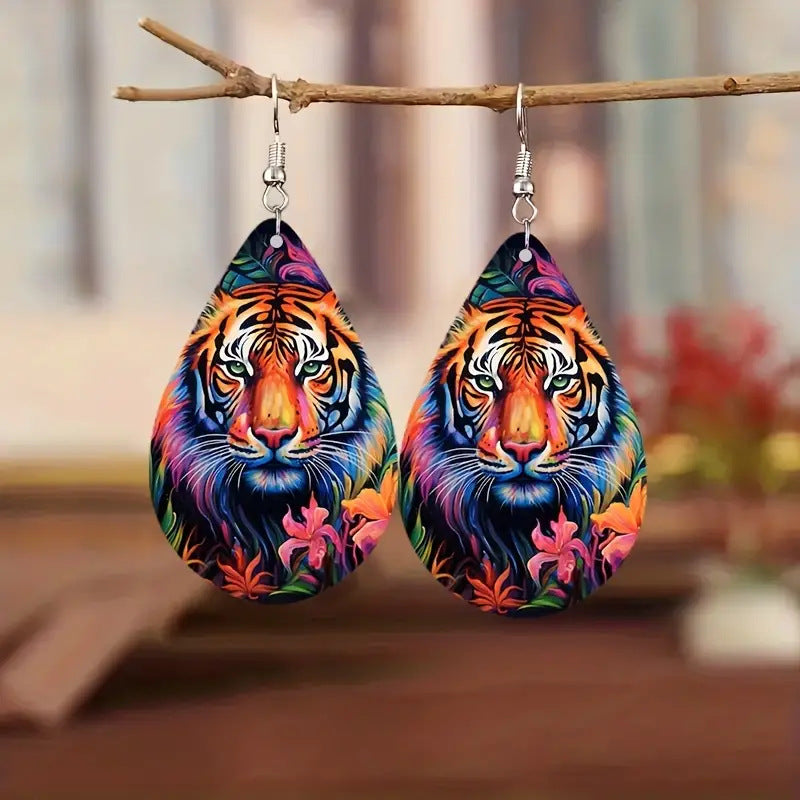 Wholesale  Fierce Tiger Double Sided Pattern Wooden Earrings