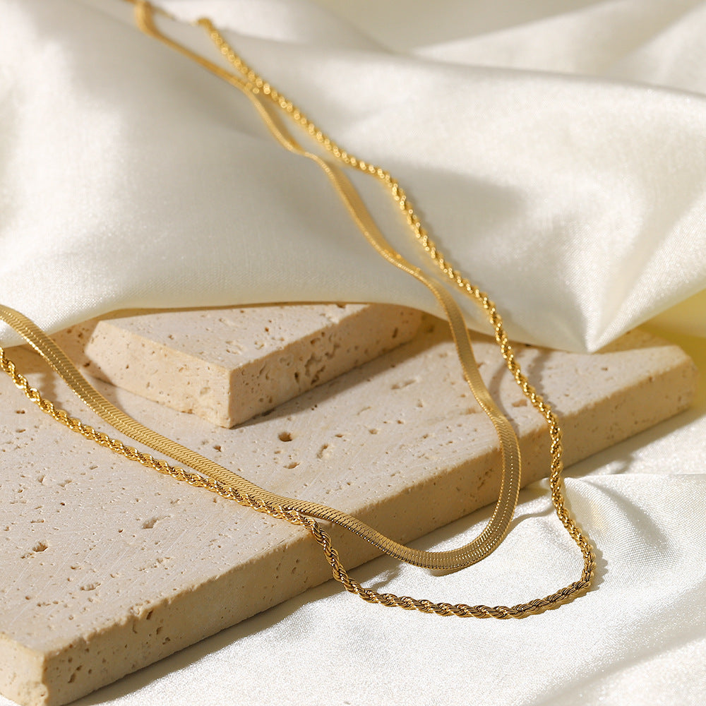 Wholesale Stainless steel vintage twisted chain double-layer flat snake chain