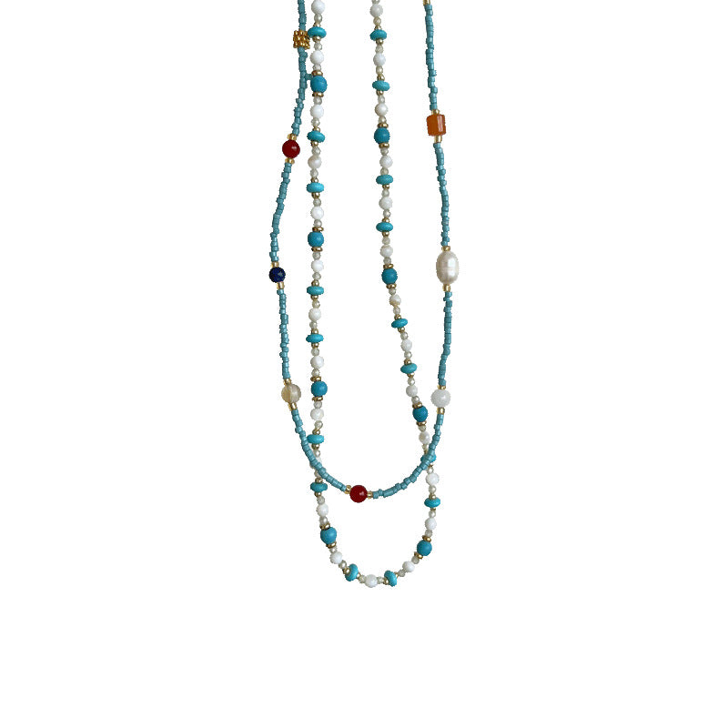 Wholesale Colorful Light Luxury Turquoise and Pearl Beaded Clavicle Necklace