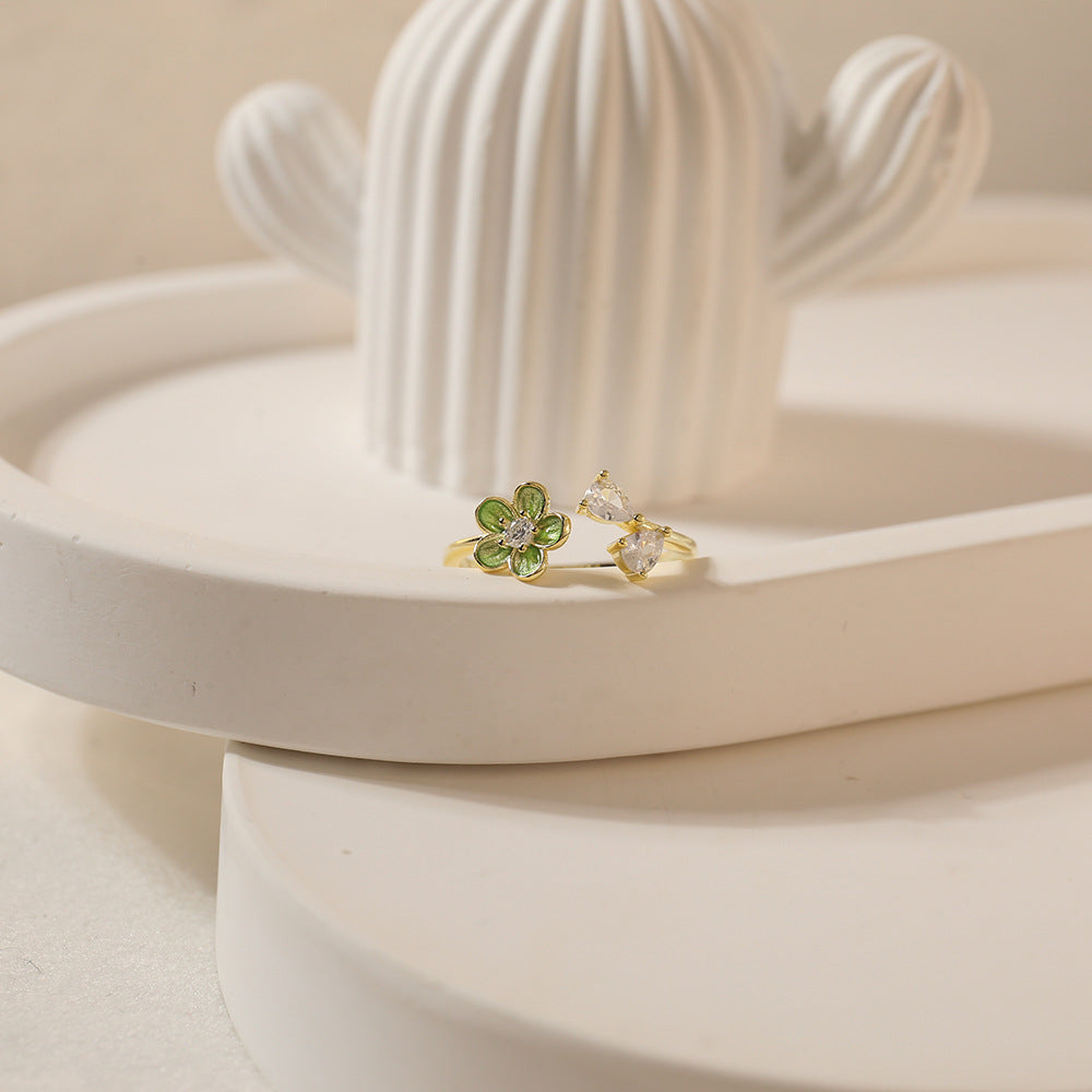 Wholesale 925 Silver Exquisite Diamond Drop Glaze Green Flower Mori Style Refreshing Ring