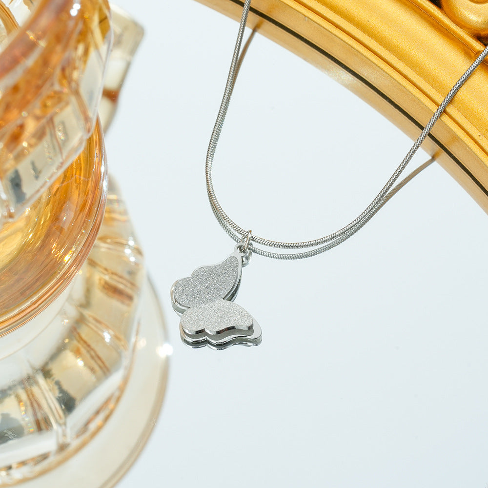Wholesale Korean Style Titanium Steel Butterfly Pendant Necklace Frosted Electroplated Jewelry Accessory