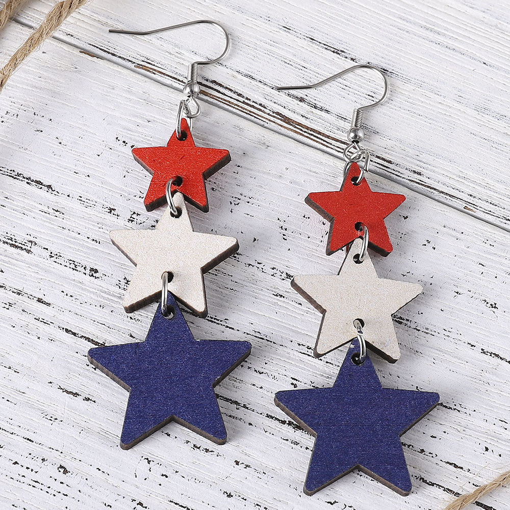 Wholesale of American Independence Day Red, White, Blue Flag, Love Star Hat, Beard, Wooden Double Sided Earrings ACC-ES-ChuLian004