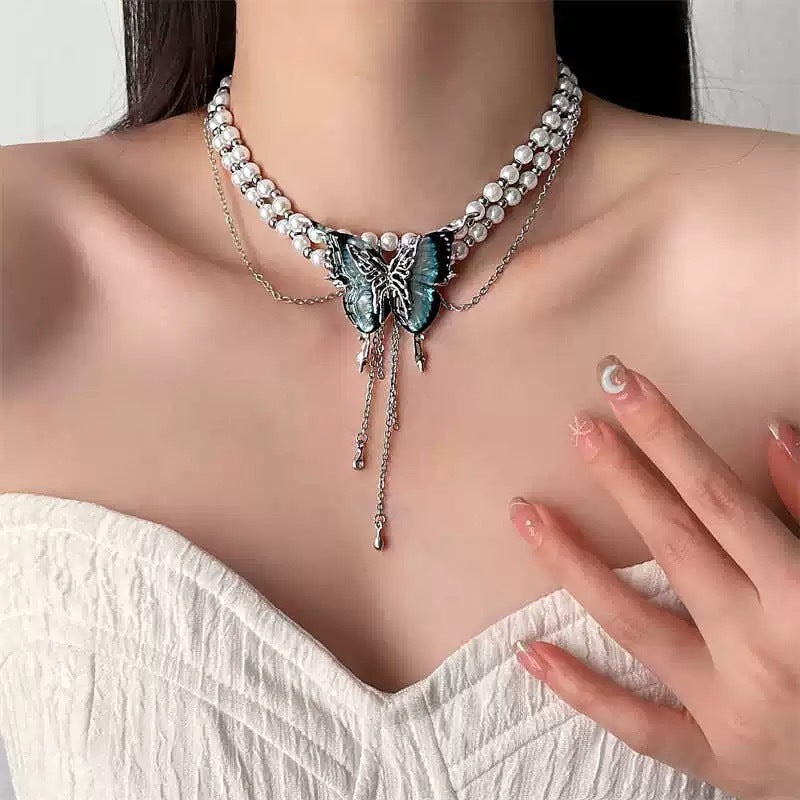 Wholesale  Multi-layer Blue Butterfly Pearl Necklace