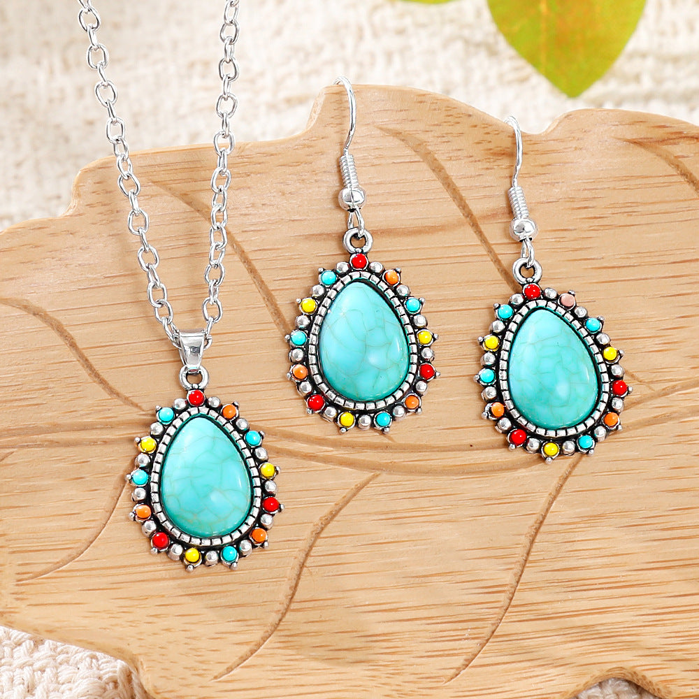 Wholesale Bohemian Retro Turquoise Necklace and Earrings Set - Ethnic Fashion Accessory Gift