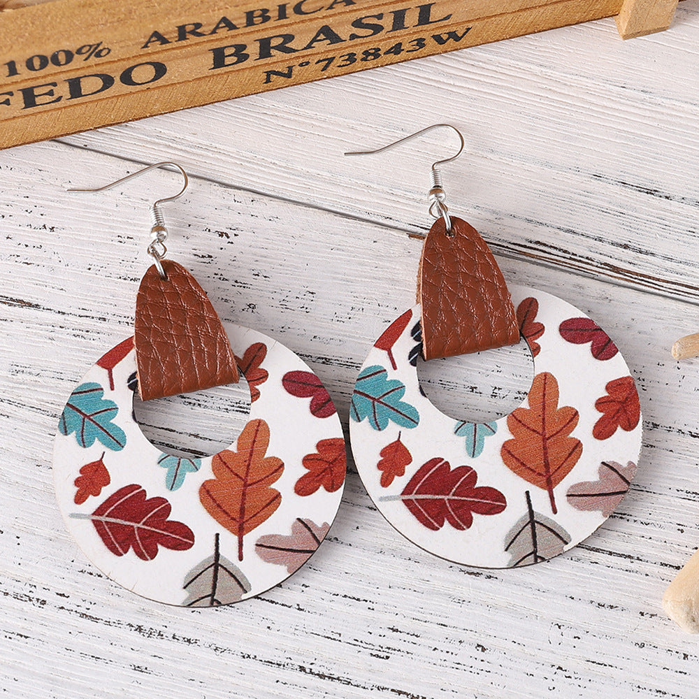 Wholesale Thanksgiving leaf round hollow wooden double-sided pendant earrings