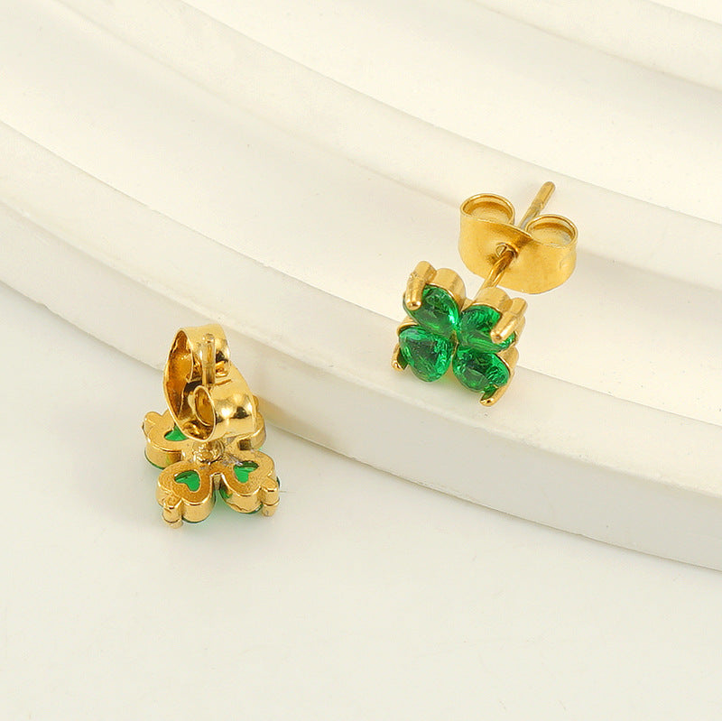 Wholesale Stainless Steel Plated Earrings for Women 18K Gold Inlaid Zircon Four-leaf Clover Earrings ACC-ES-ZhongXin005
