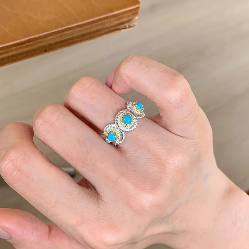 Wholesale  Turquoise Brushed Ring,  Exquisite Retro High-End Stacking Niche Ring