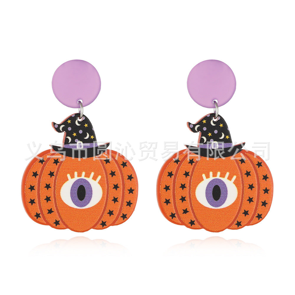 Wholesale Halloween Acrylic Earrings Cartoon Pumpkin Print Pendant Earrings ACC-ES-YuanQin006