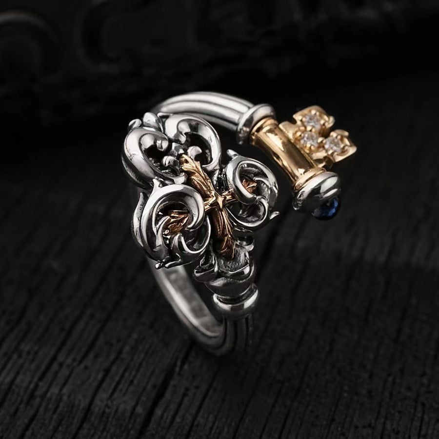 Wholesale Zinc Alloy Electroplated Vintage Petal Key and Cross Design Open Ring Trendy Jewelry Accessory for Gift and Resale